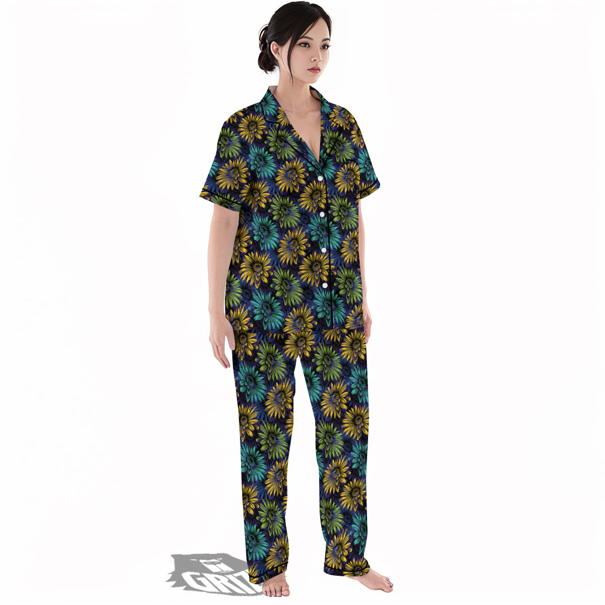 Sunflower Abstract Print Pattern Women's Pajamas Set-grizzshop