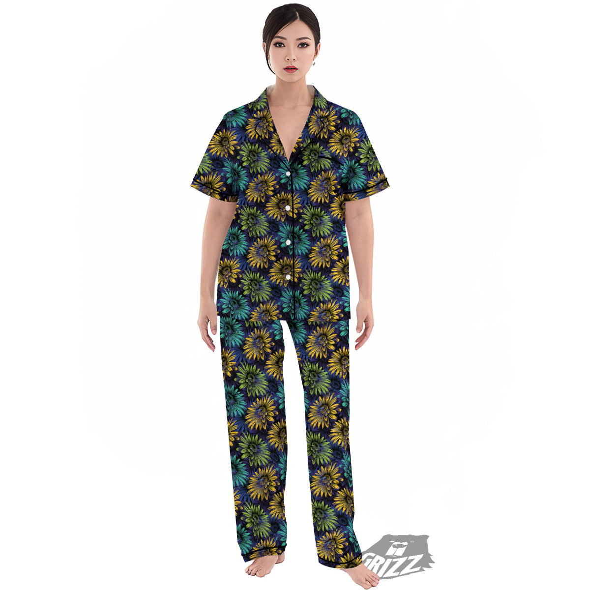 Sunflower Abstract Print Pattern Women's Pajamas Set-grizzshop