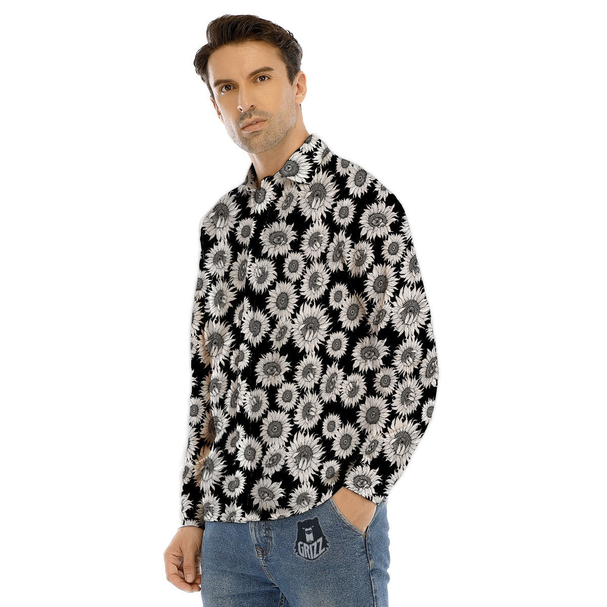 Sunflower Black Print Pattern Men's Dress Shirts-grizzshop