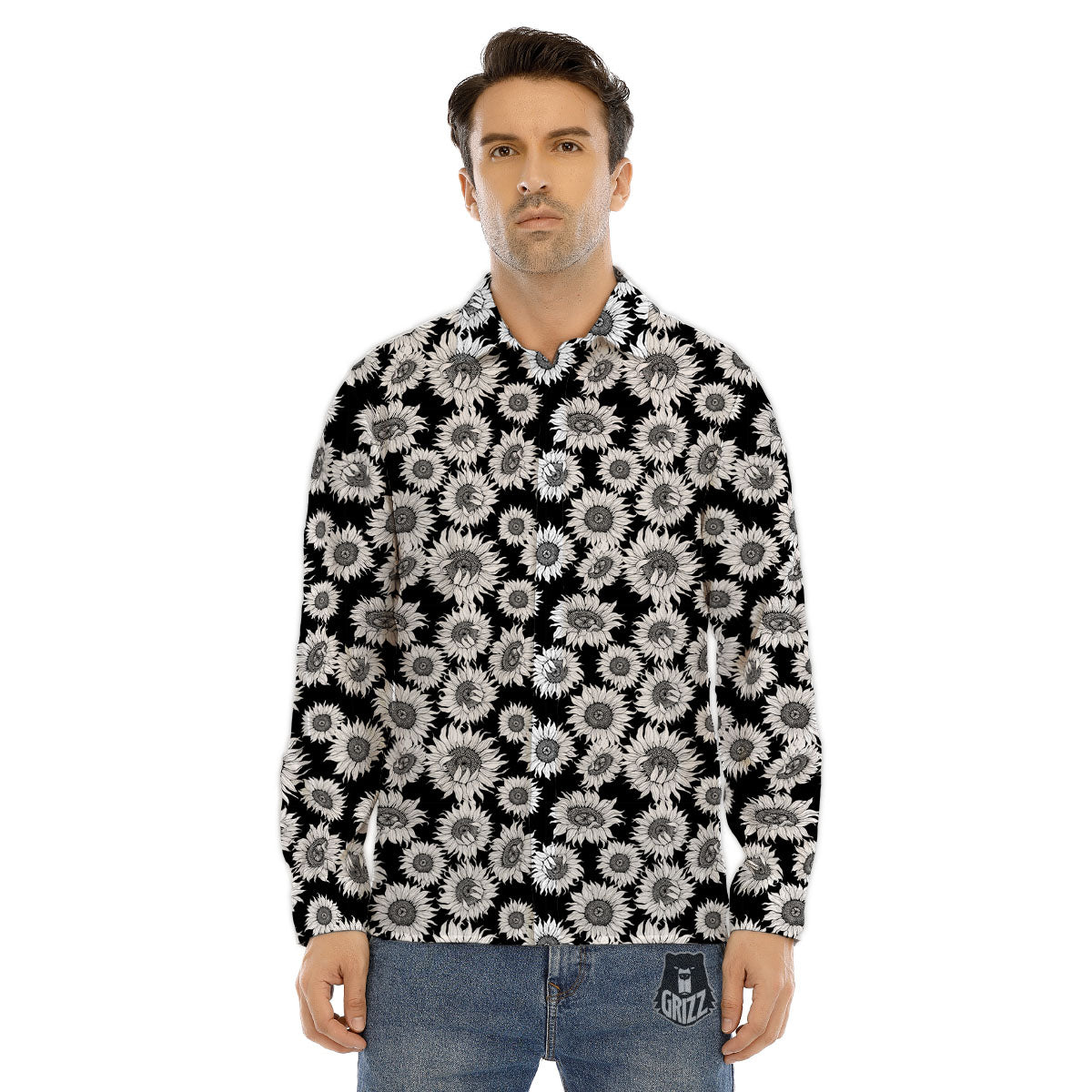 Sunflower Black Print Pattern Men's Dress Shirts-grizzshop