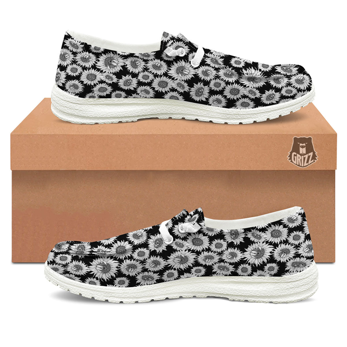 Sunflower Black Print Pattern White Loafers-grizzshop