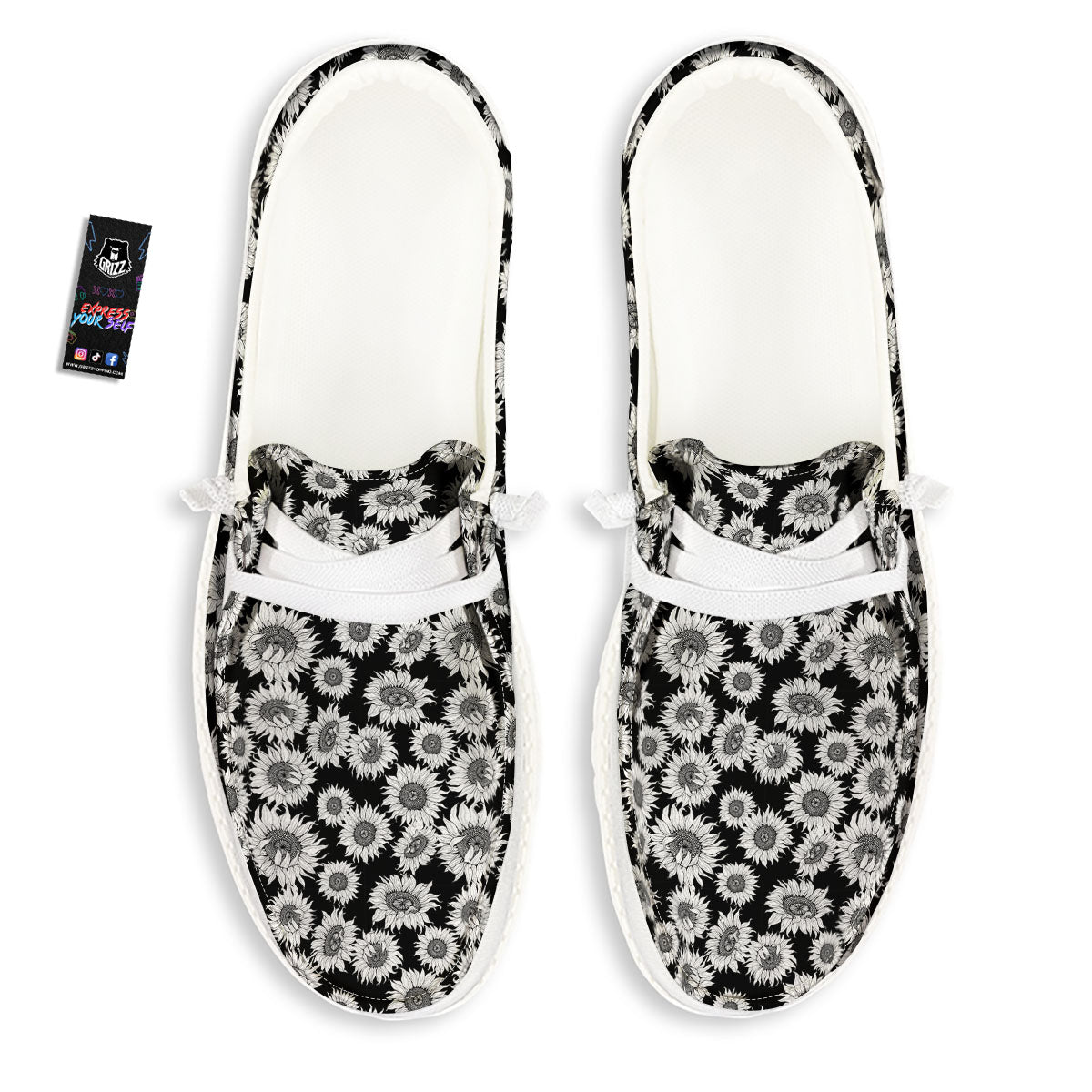 Sunflower Black Print Pattern White Loafers-grizzshop