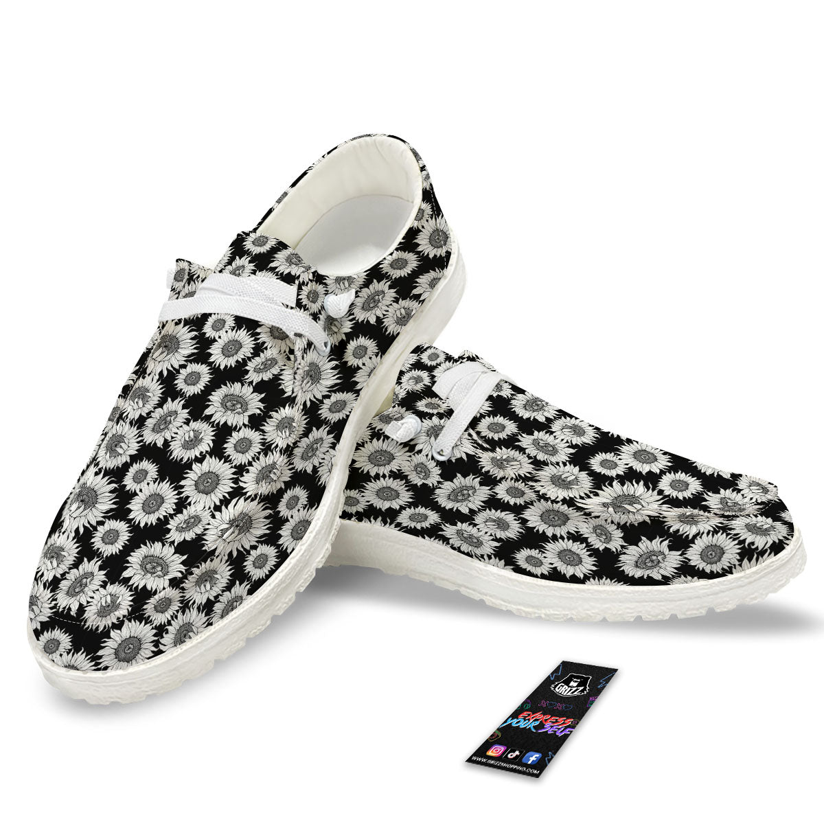 Sunflower Black Print Pattern White Loafers-grizzshop