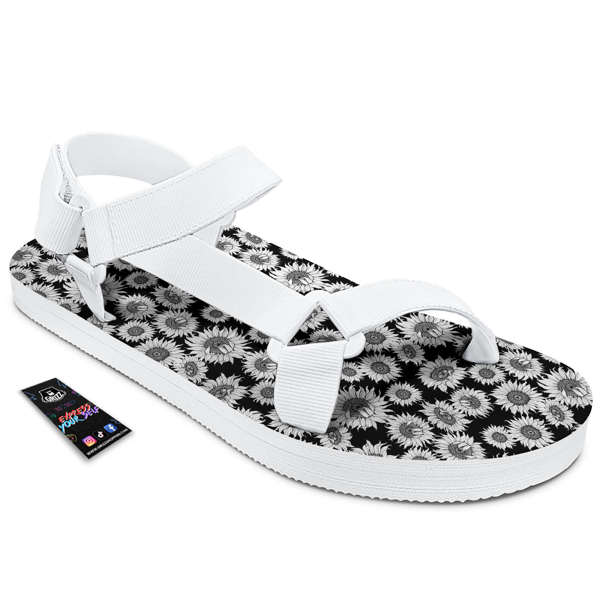 Sunflower Black Print Pattern White Open Toe Sandals-grizzshop