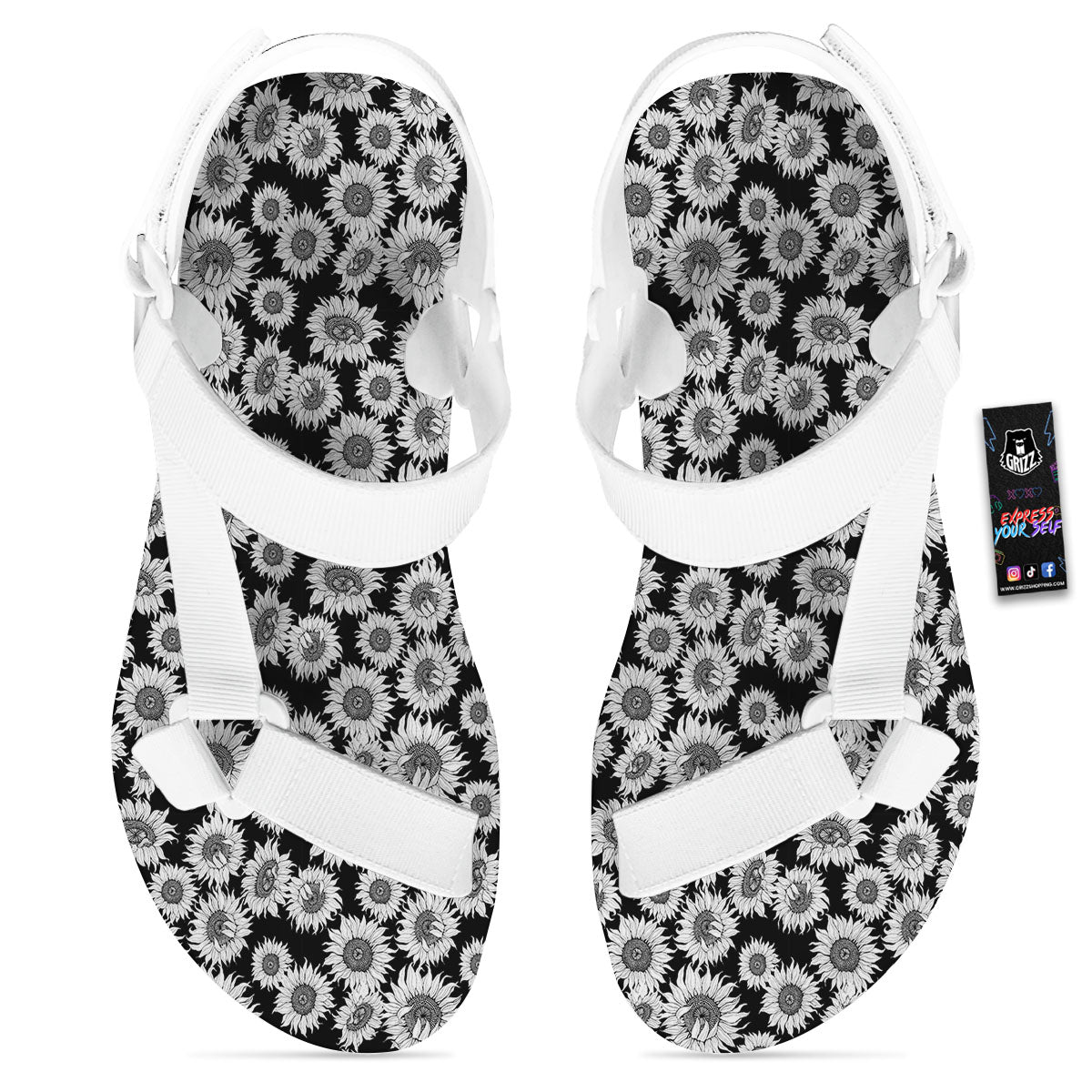Sunflower Black Print Pattern White Open Toe Sandals-grizzshop