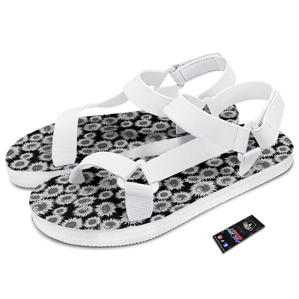 Sunflower Black Print Pattern White Open Toe Sandals-grizzshop