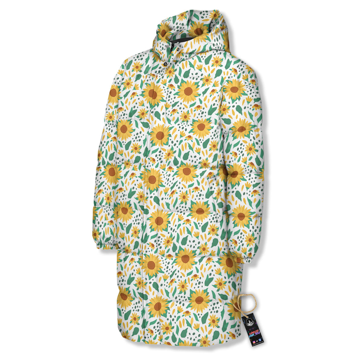 Sunflower Blooming Print Pattern Long Down Jacket-grizzshop