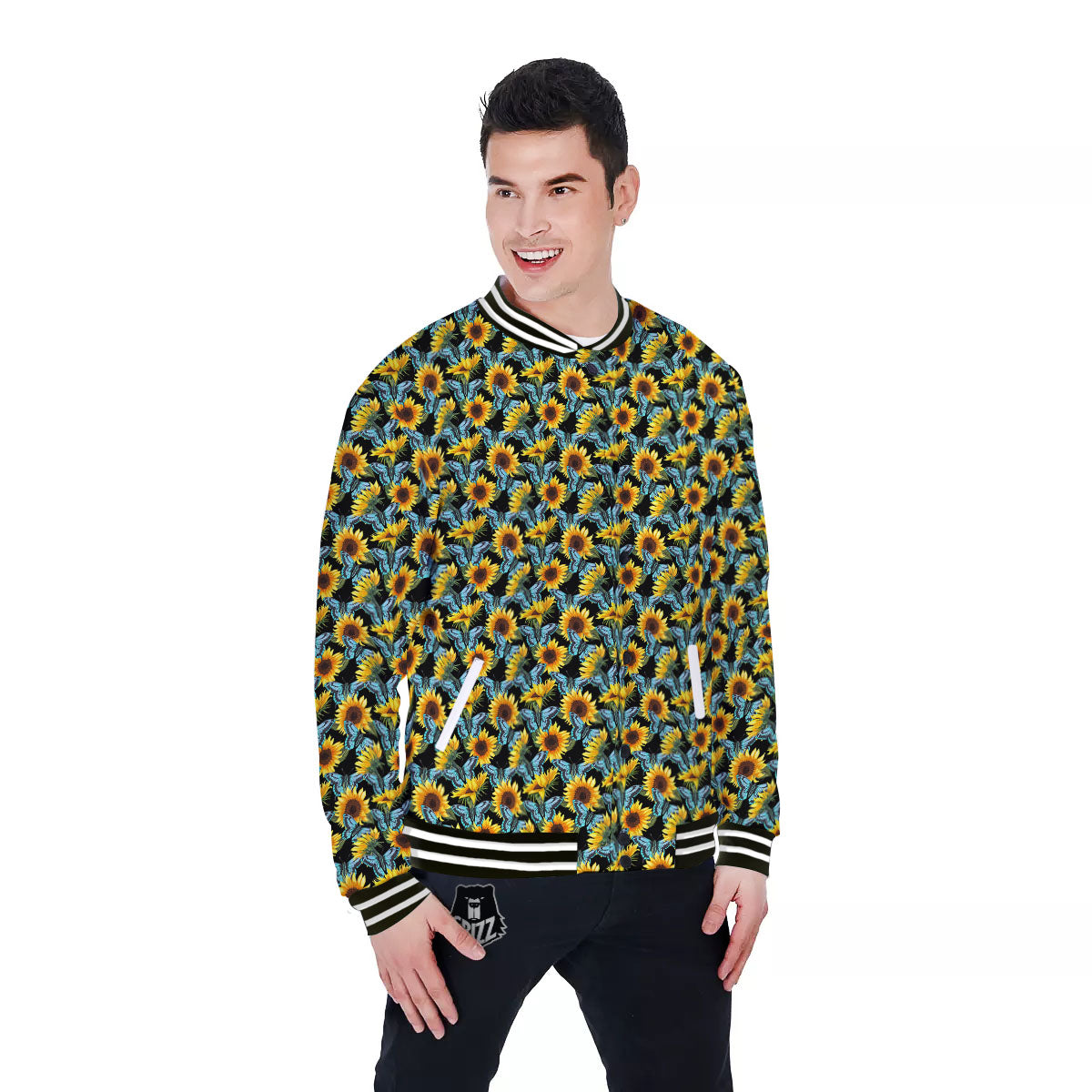 Sunflower Blue Butterfly Print Pattern Baseball Jacket-grizzshop