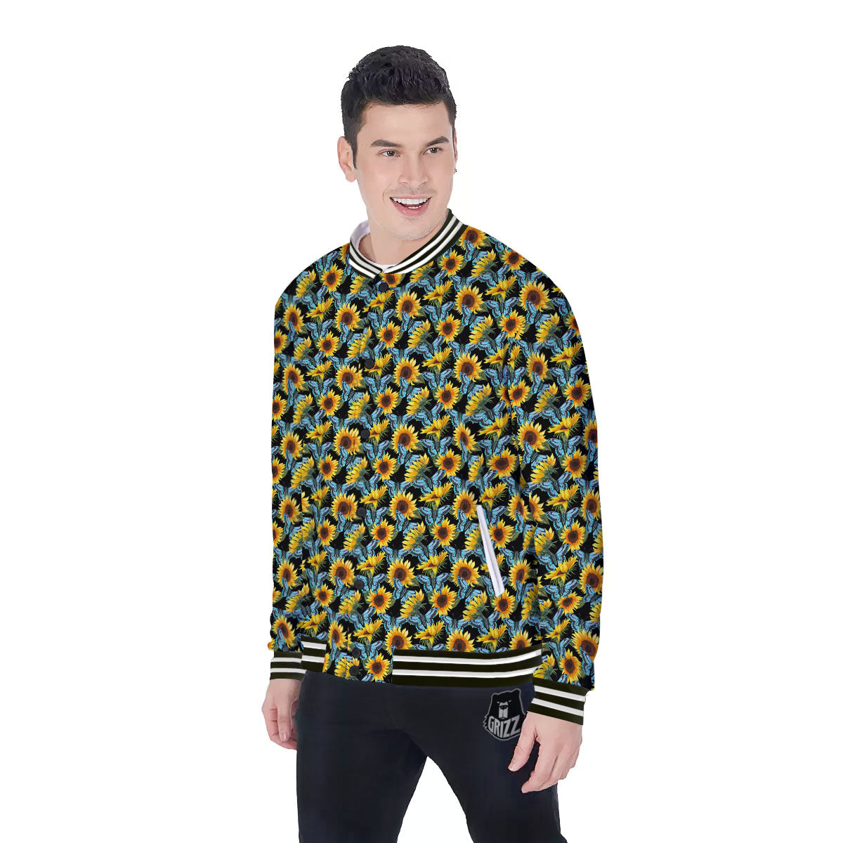 Sunflower Blue Butterfly Print Pattern Baseball Jacket-grizzshop