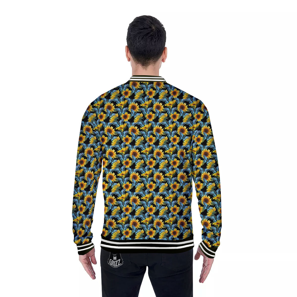 Sunflower Blue Butterfly Print Pattern Baseball Jacket-grizzshop