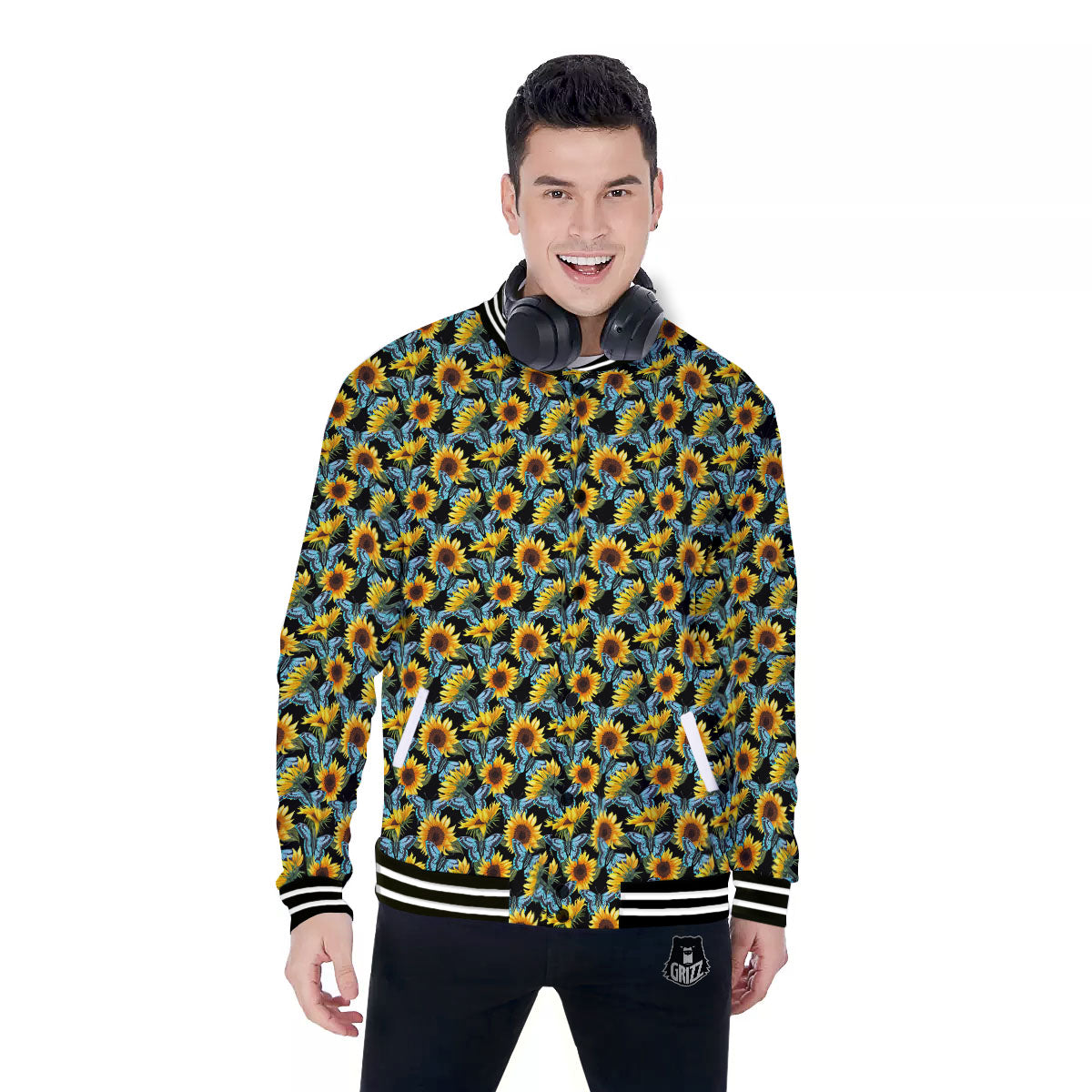 Sunflower Blue Butterfly Print Pattern Baseball Jacket-grizzshop