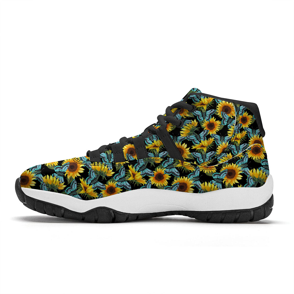 Sunflower Blue Butterfly Print Pattern Black Bball Shoes-grizzshop