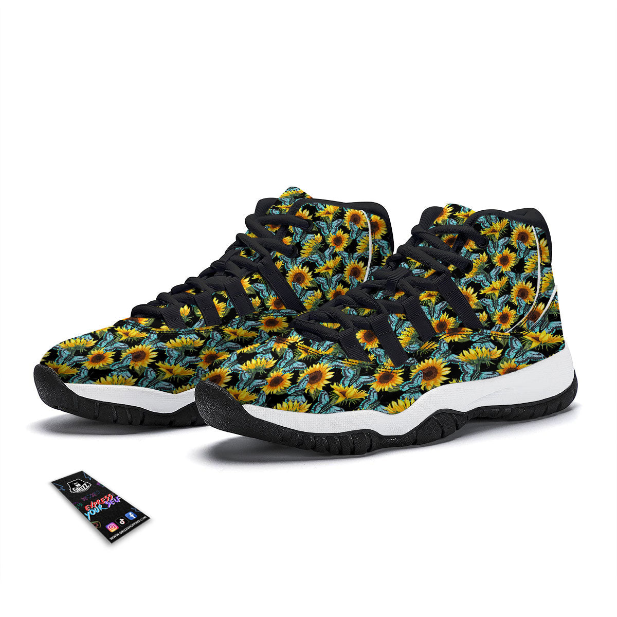 Sunflower Blue Butterfly Print Pattern Black Bball Shoes-grizzshop