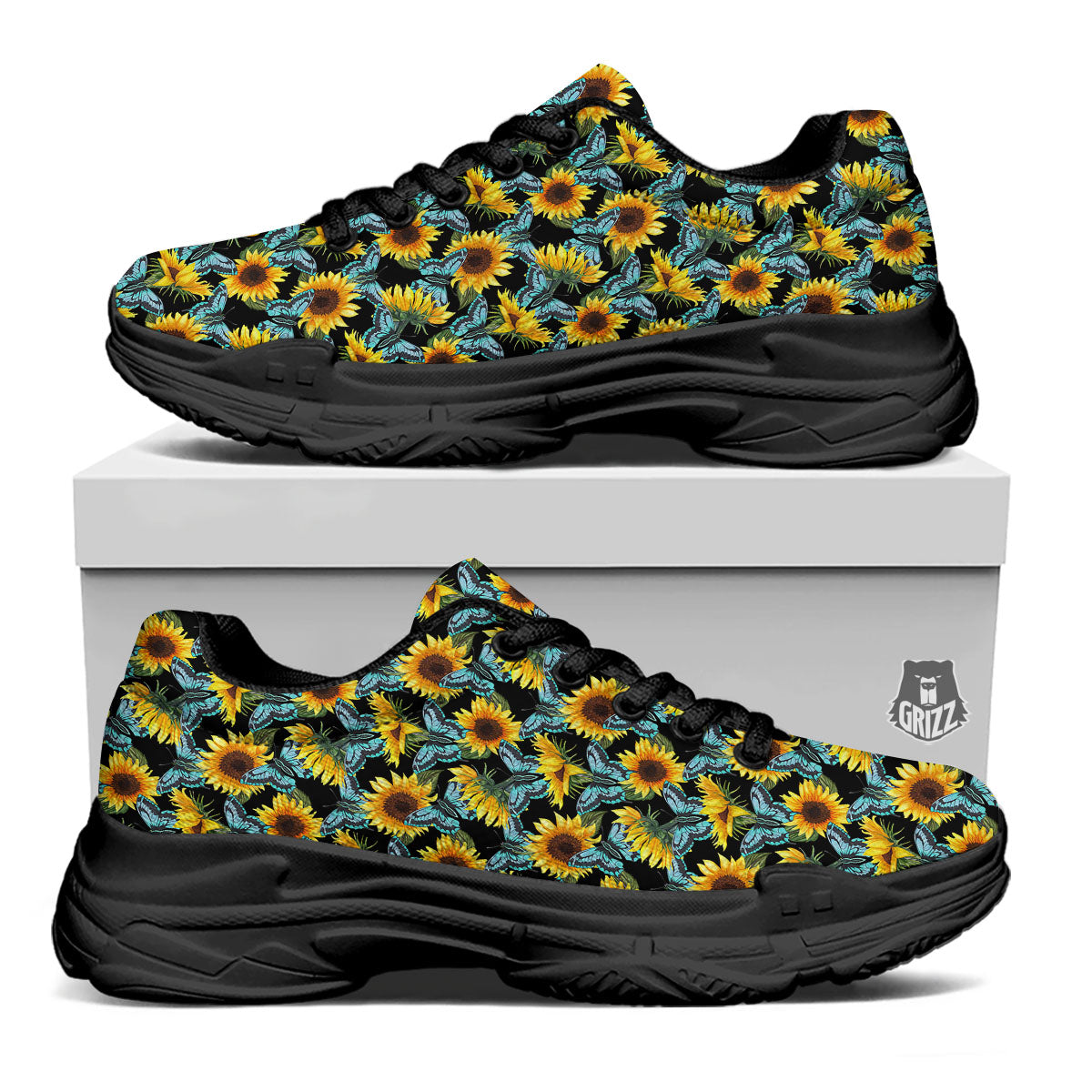 Sunflower Blue Butterfly Print Pattern Black Chunky Shoes-grizzshop