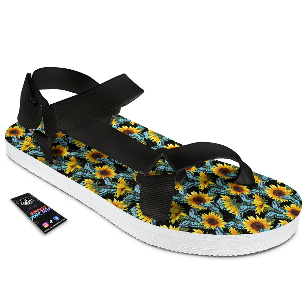 Sunflower Blue Butterfly Print Pattern Black Open Toe Sandals-grizzshop