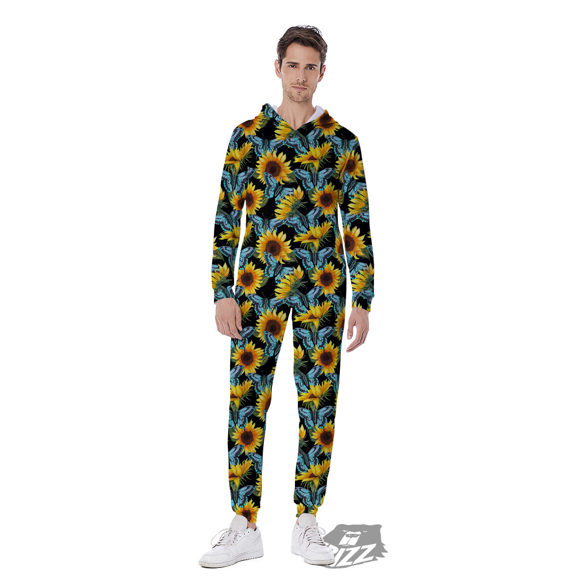 Sunflower Blue Butterfly Print Pattern Men's Jumpsuit-grizzshop