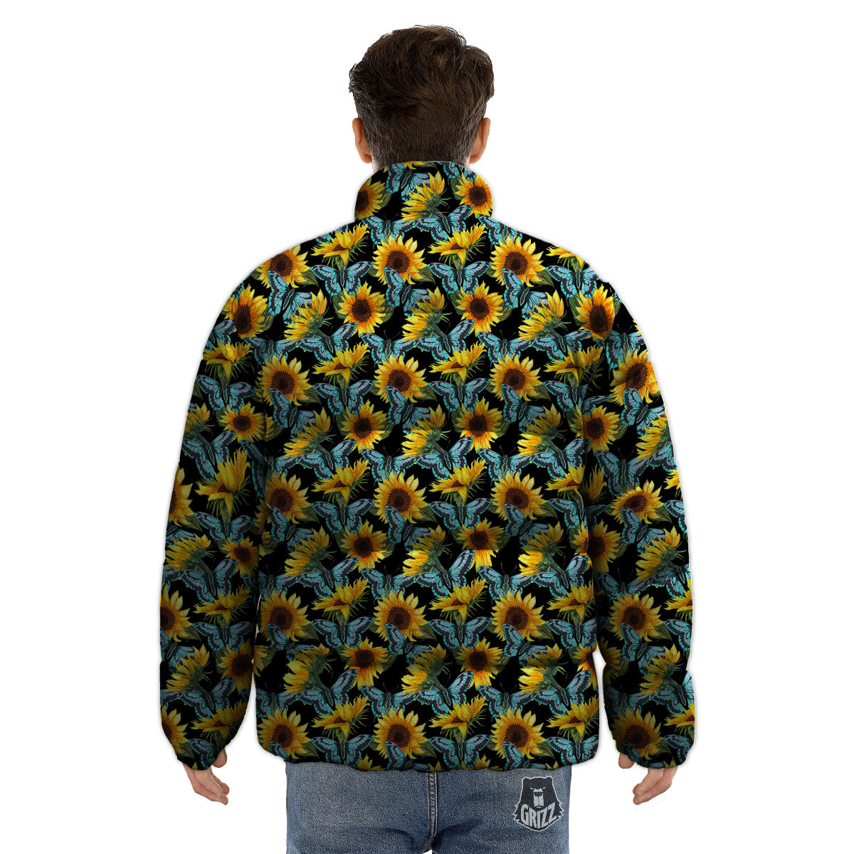 Sunflower Blue Butterfly Print Pattern Puffer Jacket-grizzshop