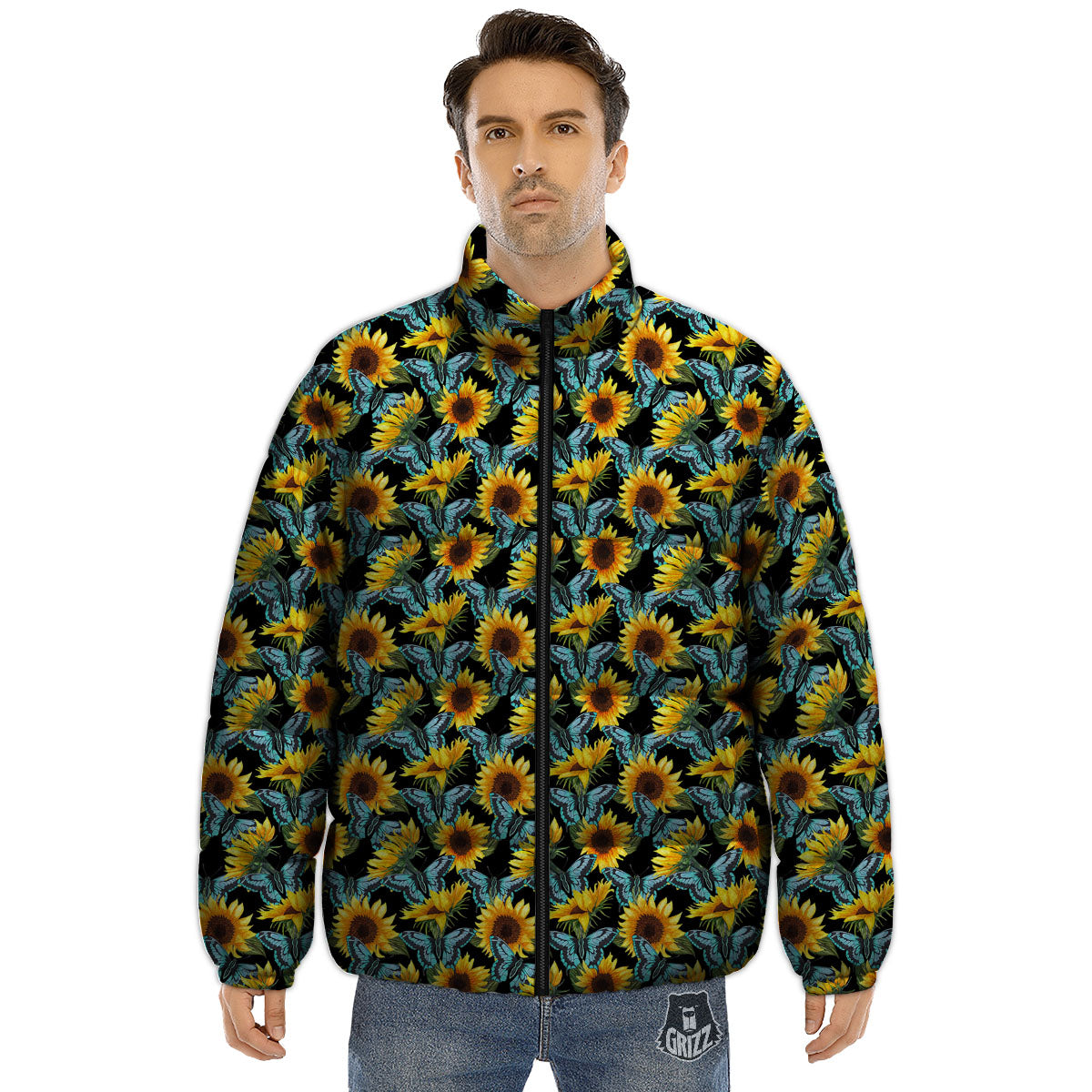 Sunflower Blue Butterfly Print Pattern Puffer Jacket-grizzshop