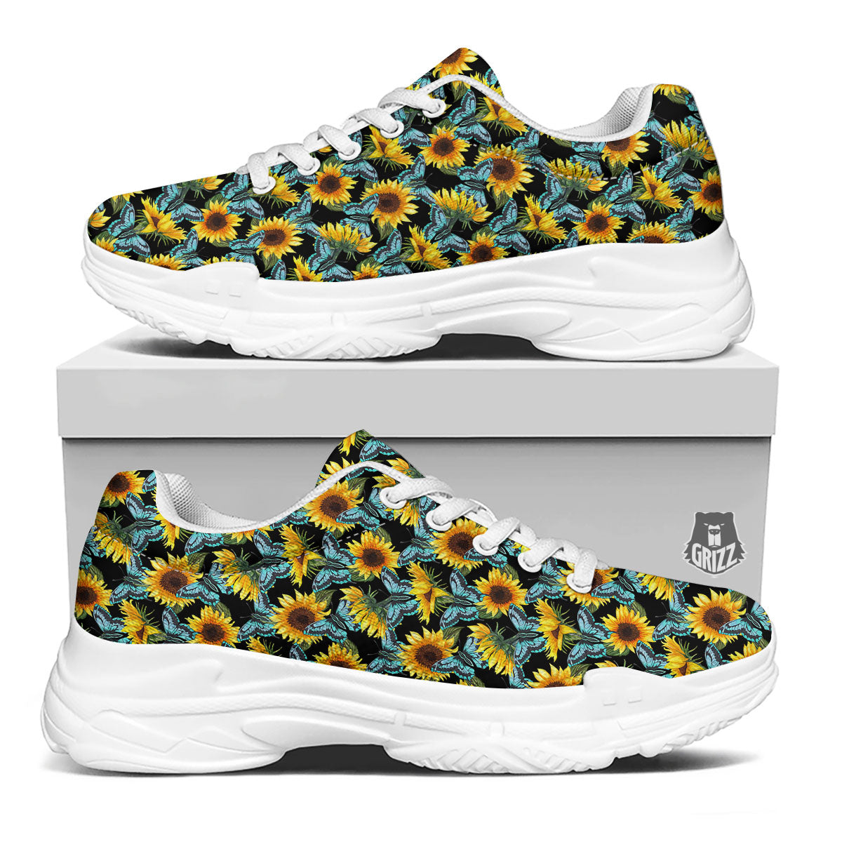 Sunflower Blue Butterfly Print Pattern White Chunky Shoes-grizzshop