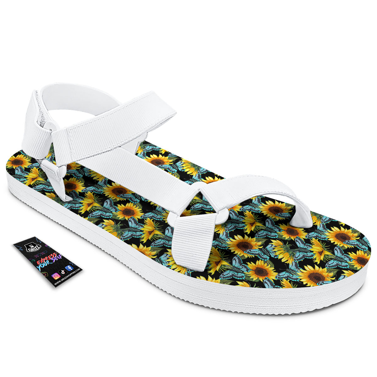 Sunflower Blue Butterfly Print Pattern White Open Toe Sandals-grizzshop