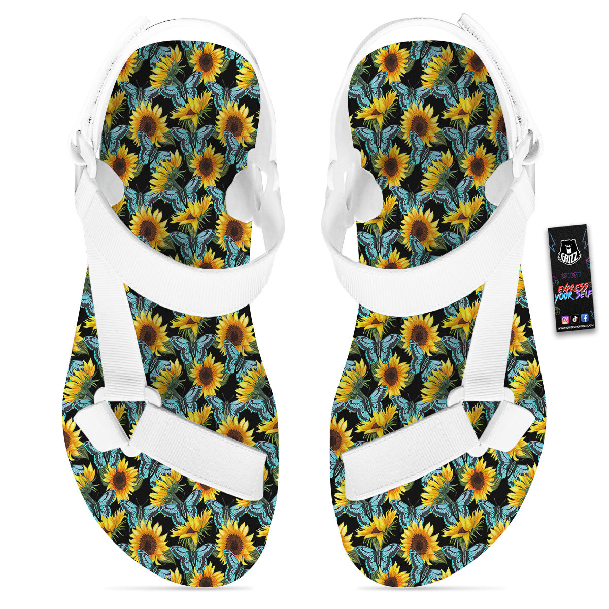 Sunflower Blue Butterfly Print Pattern White Open Toe Sandals-grizzshop