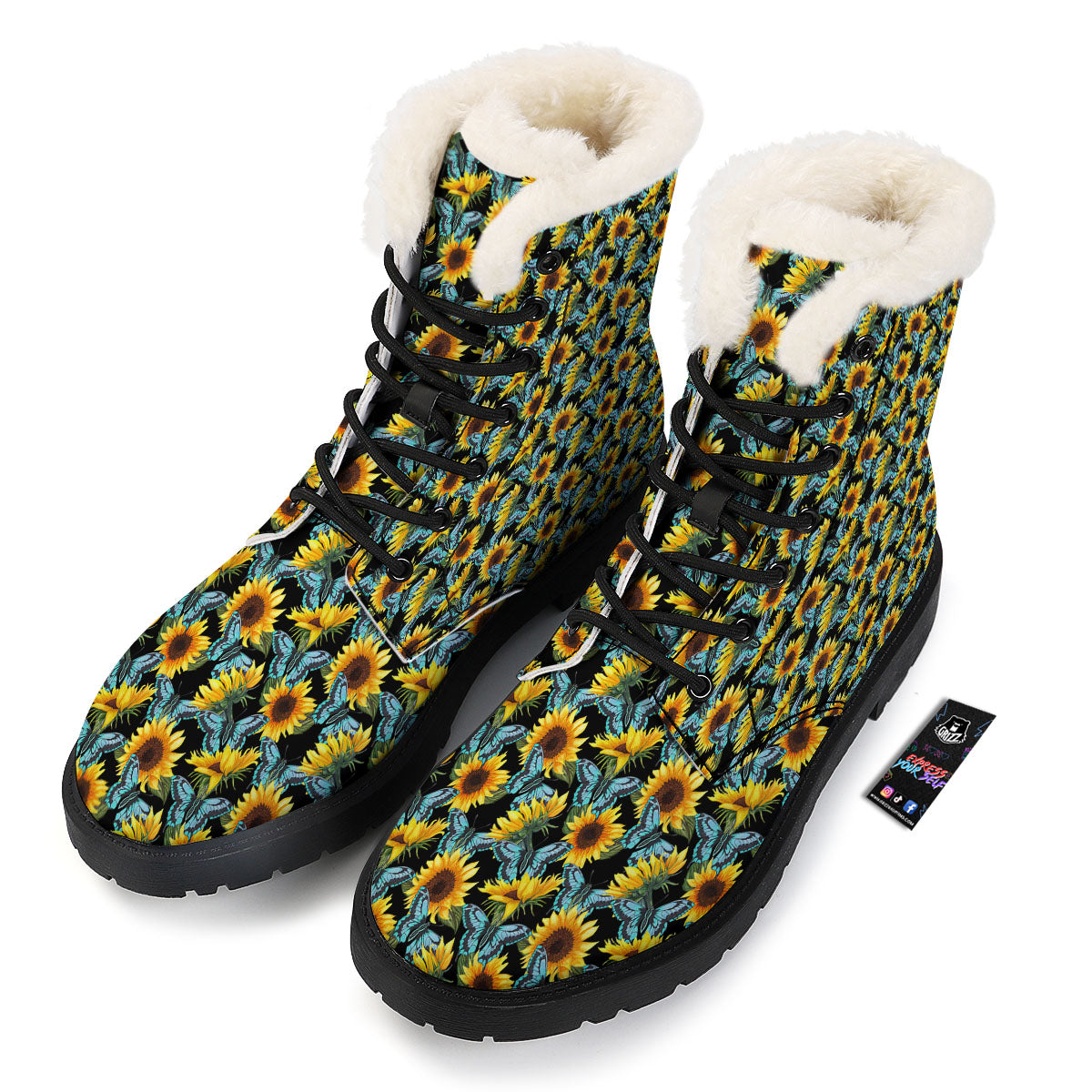 Sunflower Blue Butterfly Print Pattern Winter Boots-grizzshop