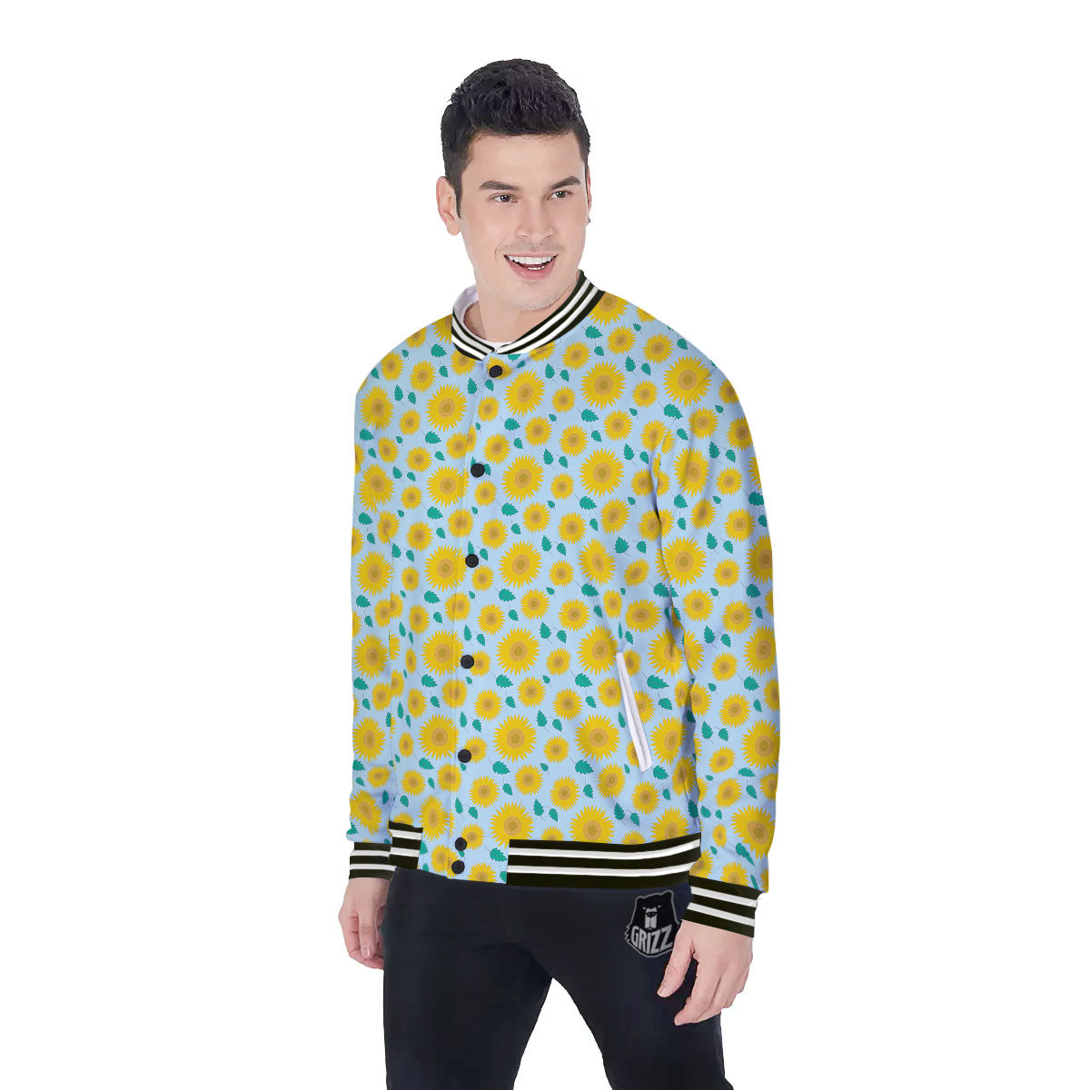 Sunflower Blue Cute Print Pattern Baseball Jacket-grizzshop