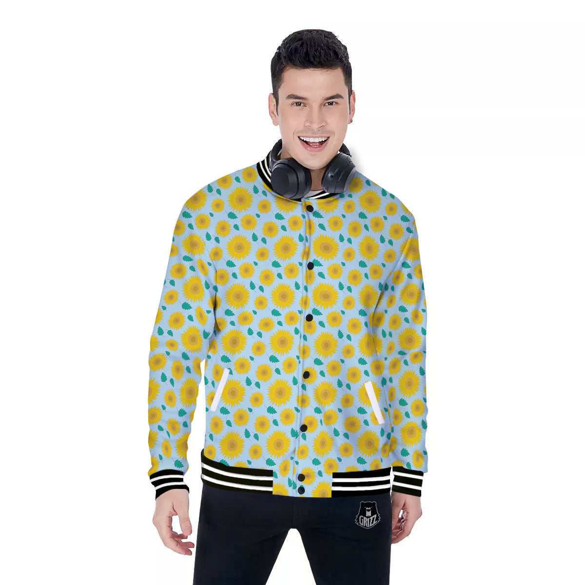 Sunflower Blue Cute Print Pattern Baseball Jacket-grizzshop