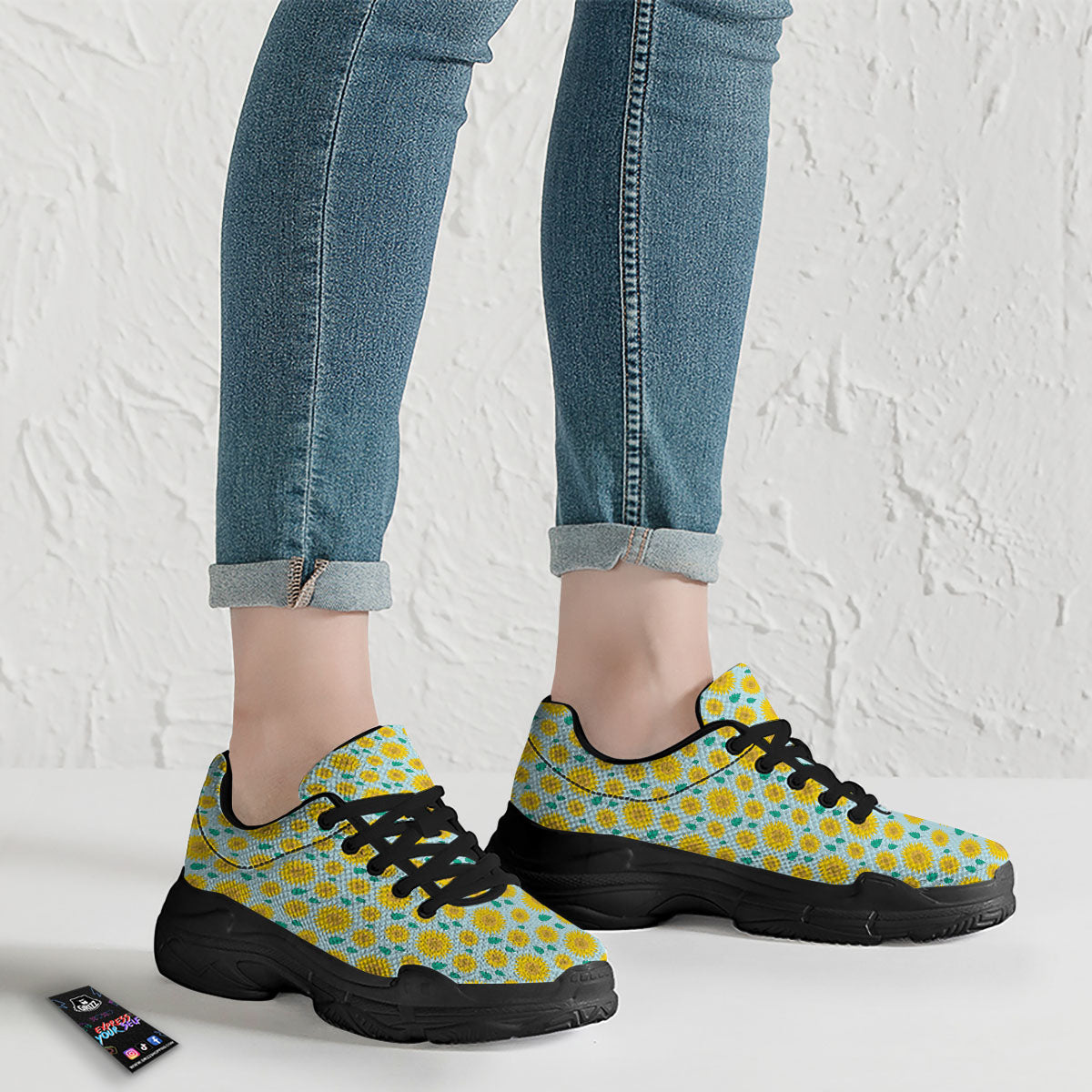 Sunflower Blue Cute Print Pattern Black Chunky Shoes-grizzshop