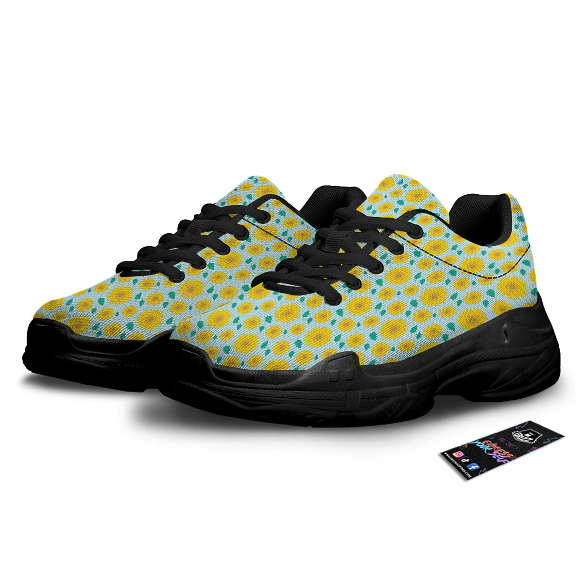 Sunflower Blue Cute Print Pattern Black Chunky Shoes-grizzshop