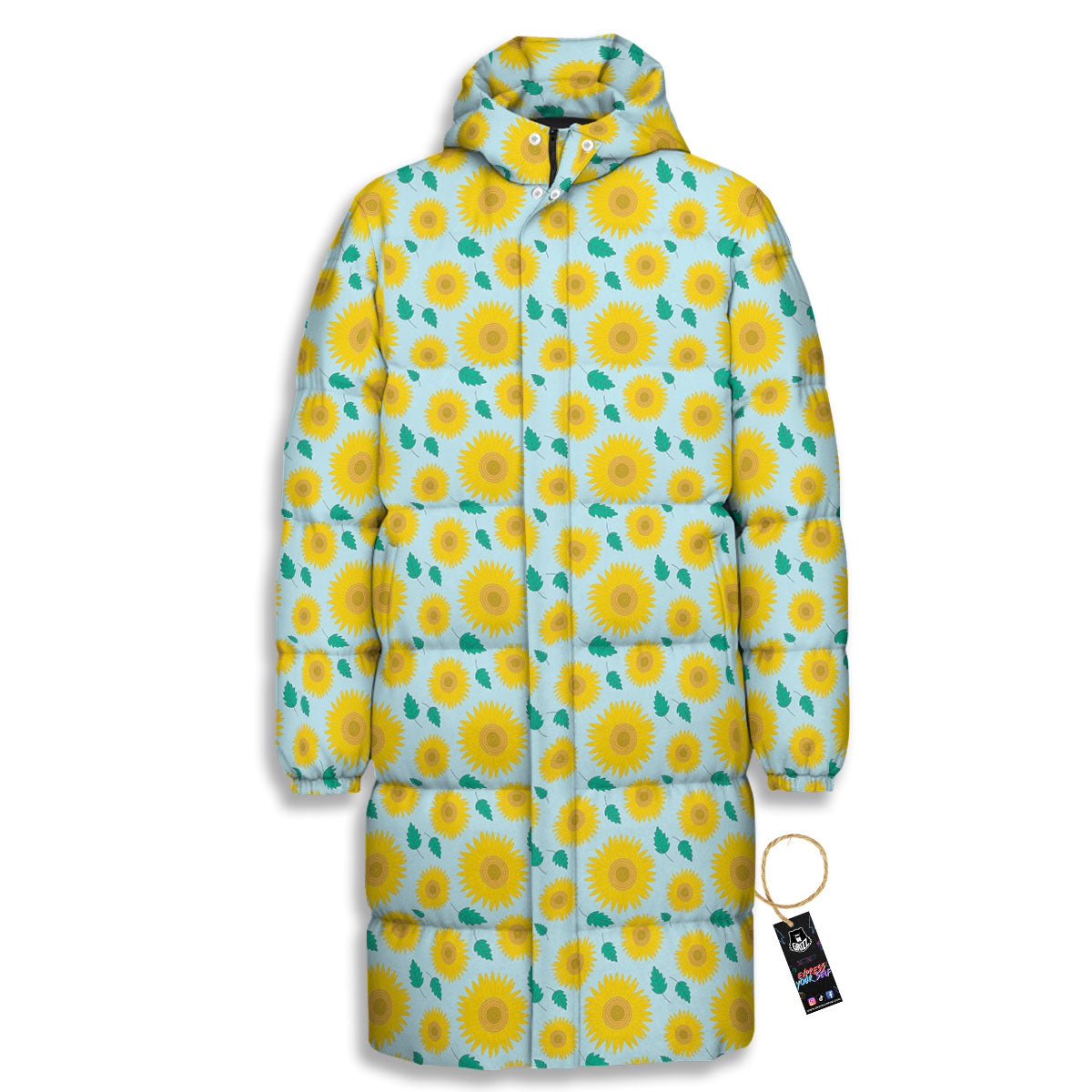 Sunflower Blue Cute Print Pattern Long Down Jacket-grizzshop