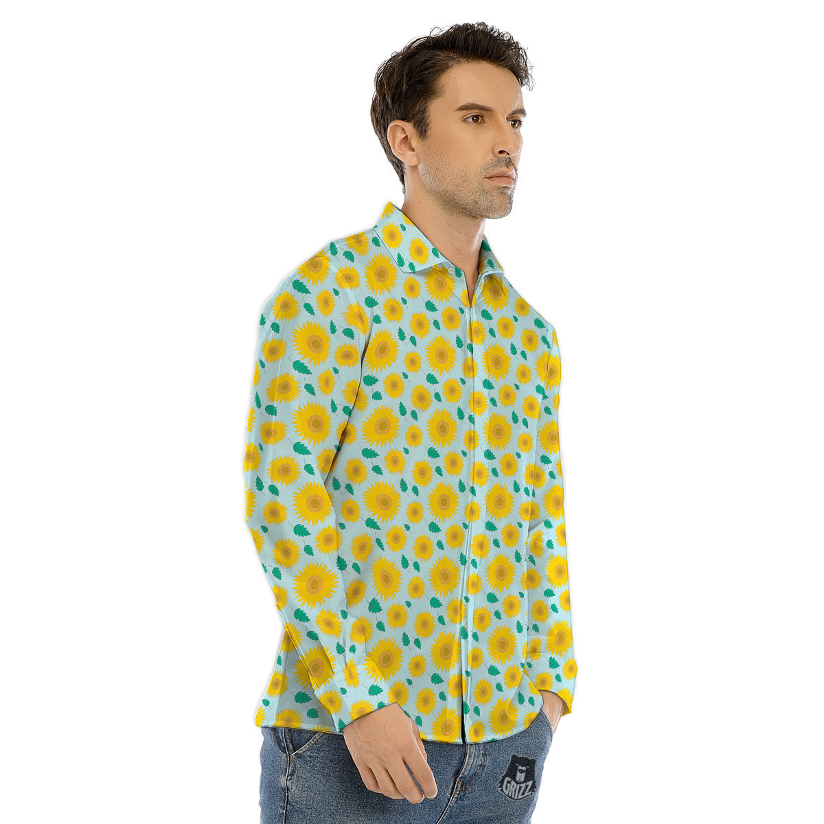 Sunflower Blue Cute Print Pattern Men's Dress Shirts-grizzshop
