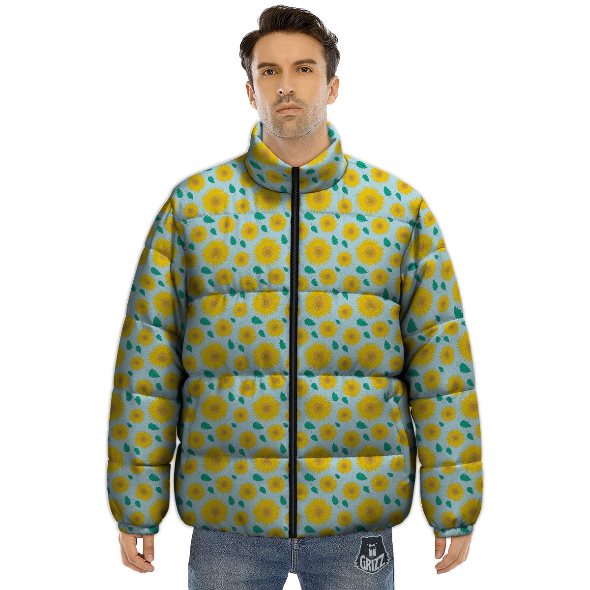 Sunflower Blue Cute Print Pattern Puffer Jacket-grizzshop