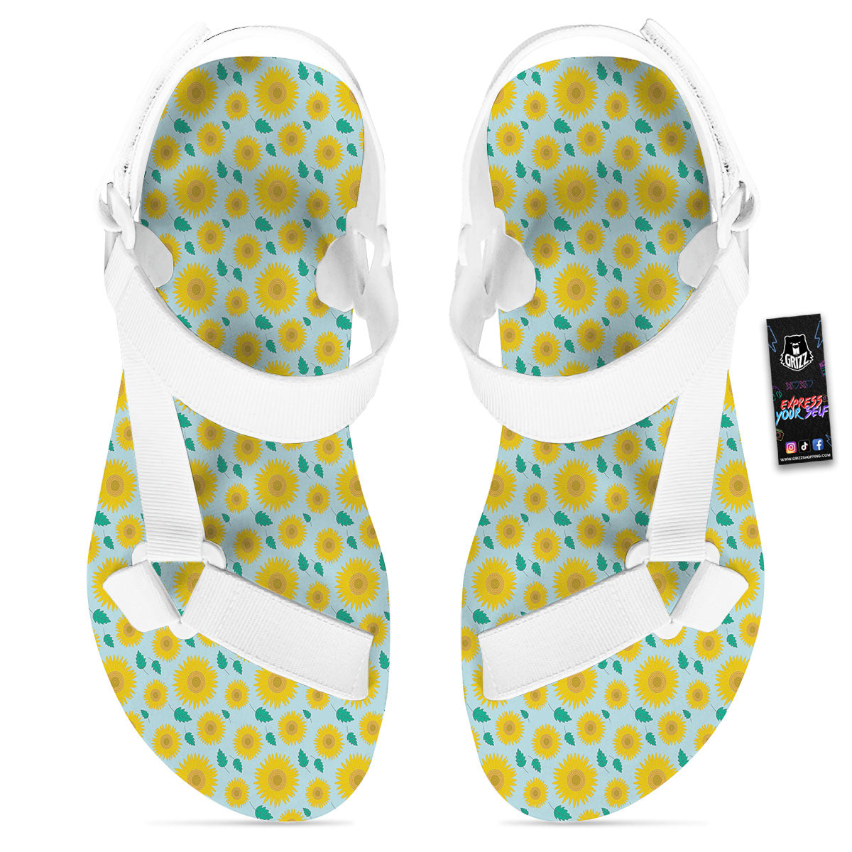 Sunflower Blue Cute Print Pattern White Open Toe Sandals-grizzshop