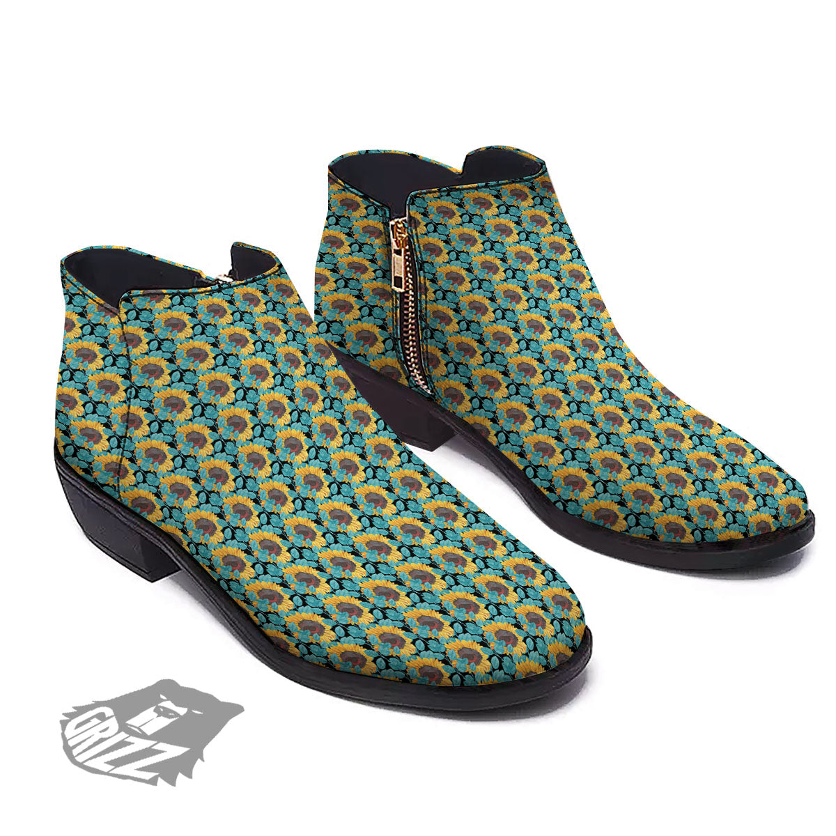 Sunflower Blue Print Pattern Ankle Boots-grizzshop