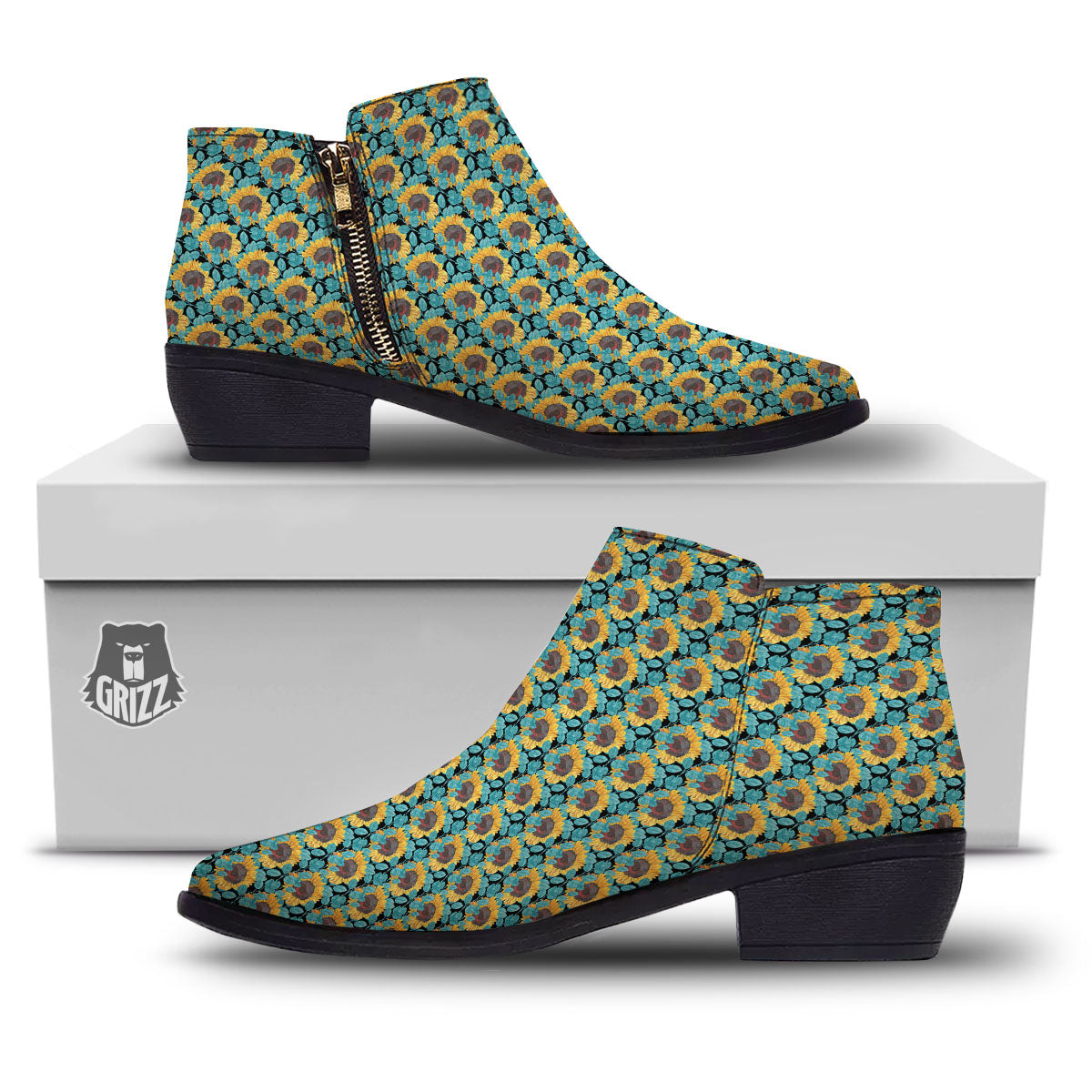 Sunflower Blue Print Pattern Ankle Boots-grizzshop