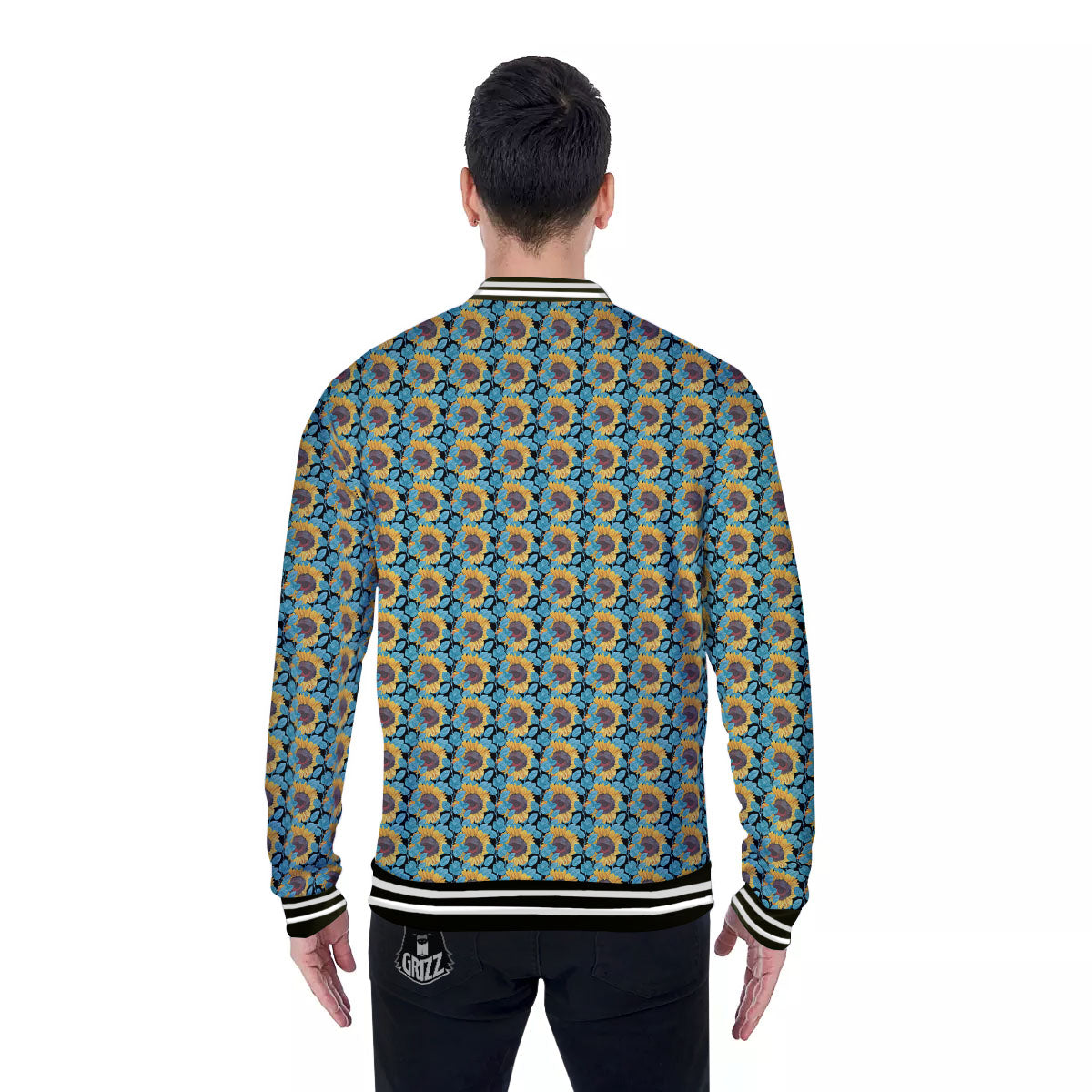 Sunflower Blue Print Pattern Baseball Jacket-grizzshop