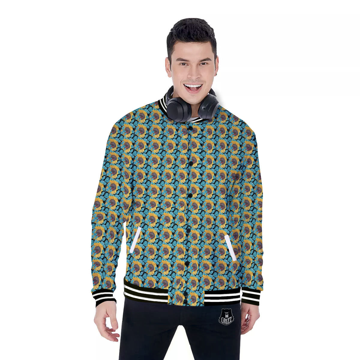 Sunflower Blue Print Pattern Baseball Jacket-grizzshop