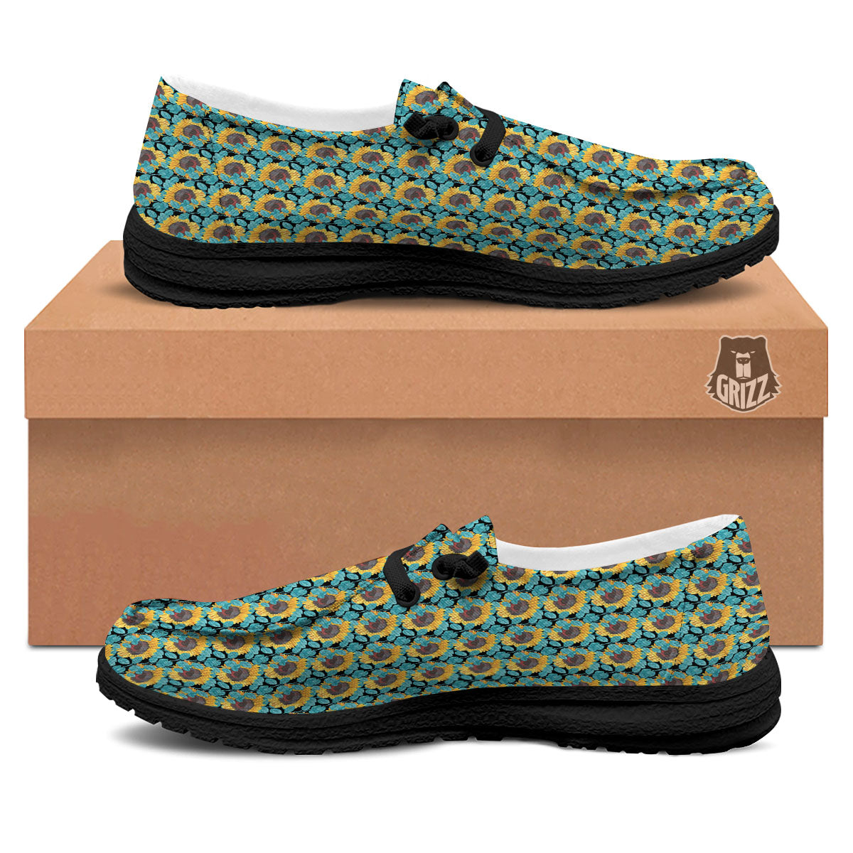 Sunflower Blue Print Pattern Black Loafers-grizzshop