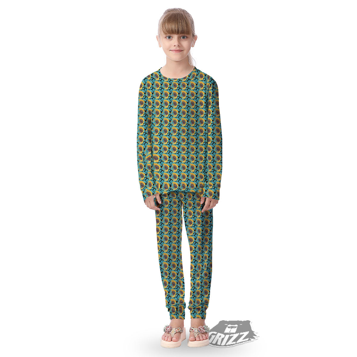 Sunflower Blue Print Pattern Kid's Pajamas-grizzshop