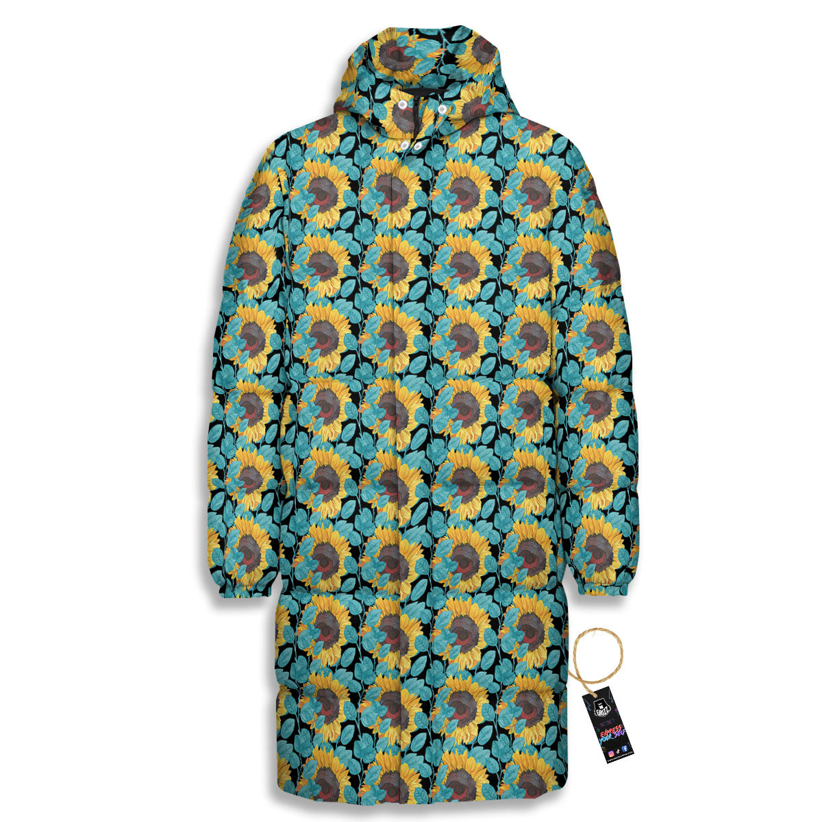 Sunflower Blue Print Pattern Long Down Jacket-grizzshop
