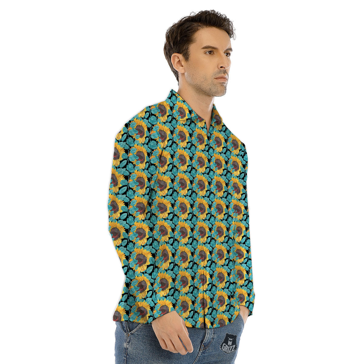 Sunflower Blue Print Pattern Men's Dress Shirts-grizzshop