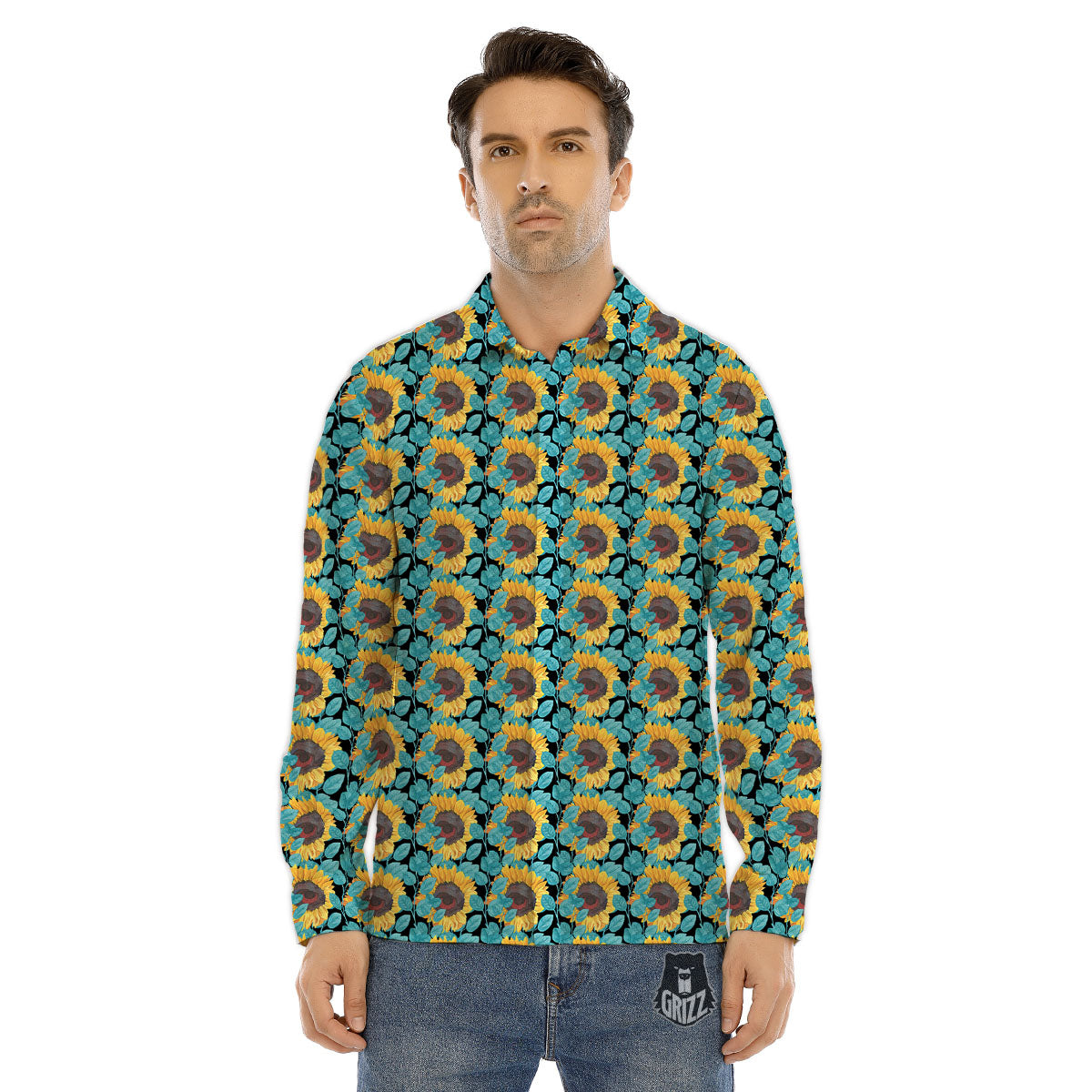 Sunflower Blue Print Pattern Men's Dress Shirts-grizzshop