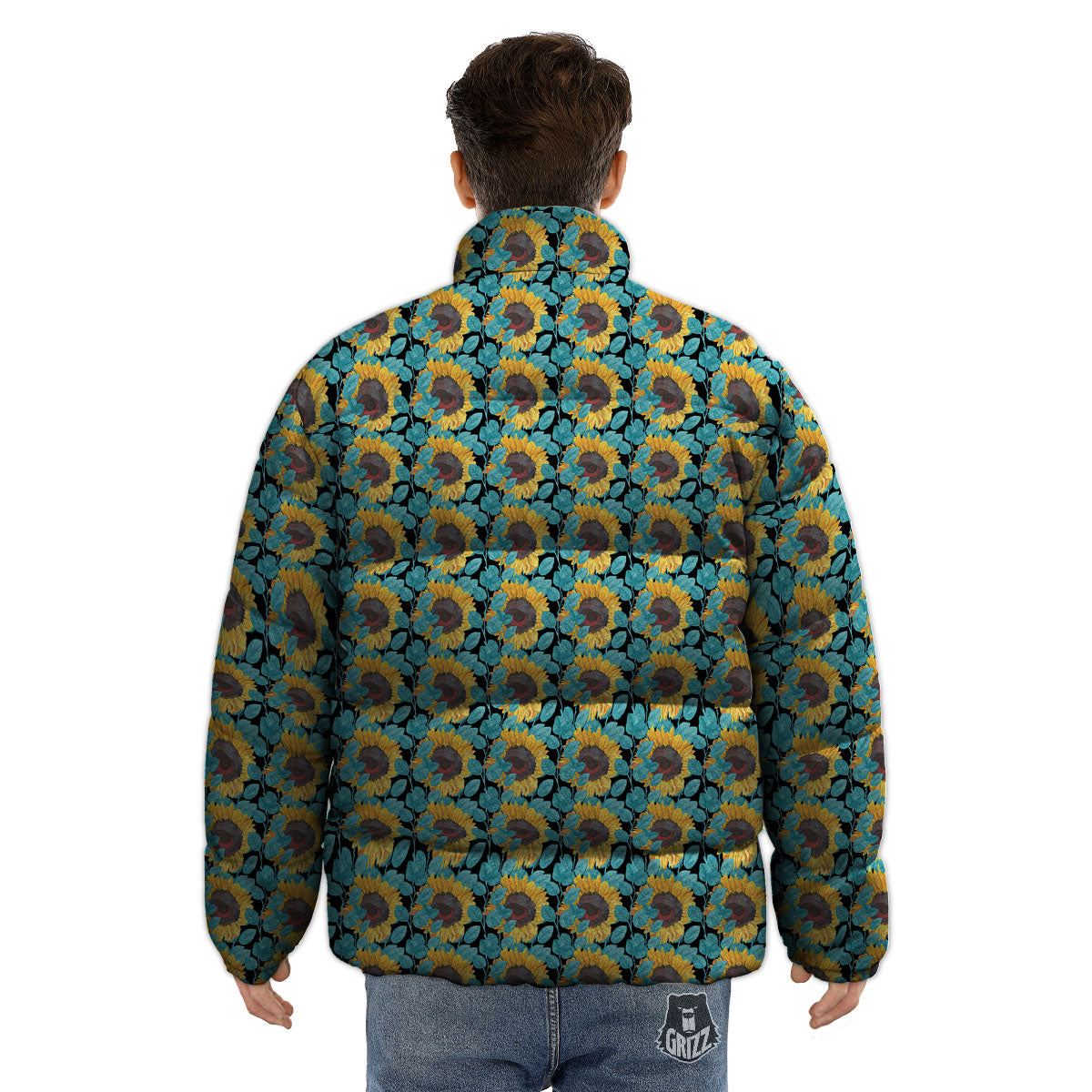 Sunflower Blue Print Pattern Puffer Jacket-grizzshop