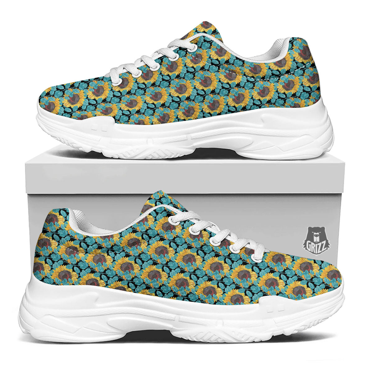 Sunflower Blue Print Pattern White Chunky Shoes-grizzshop