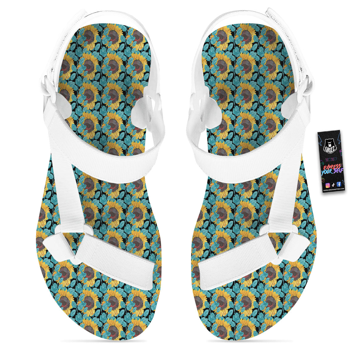 Sunflower Blue Print Pattern White Open Toe Sandals-grizzshop