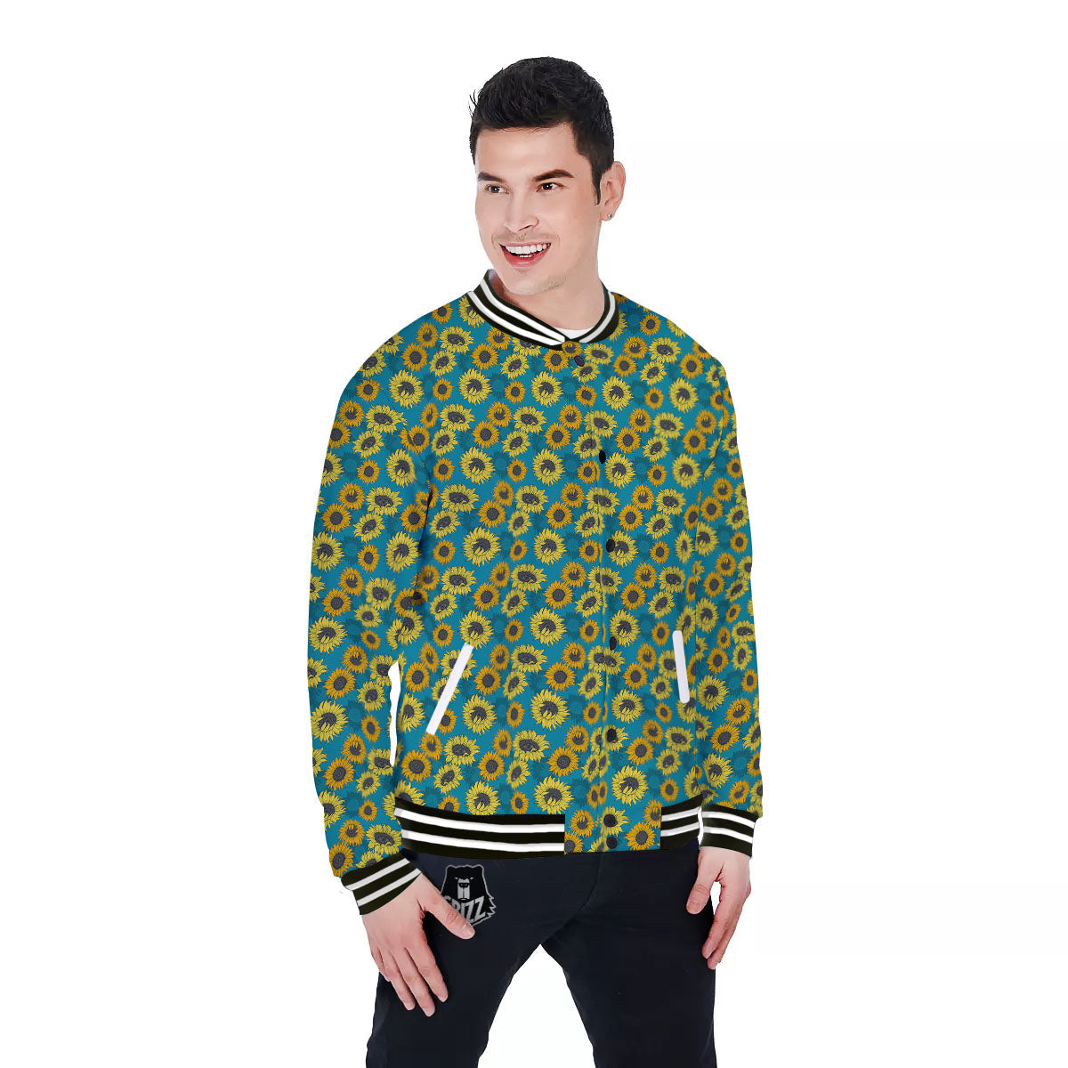 Sunflower Blue Vintage Print Pattern Baseball Jacket-grizzshop