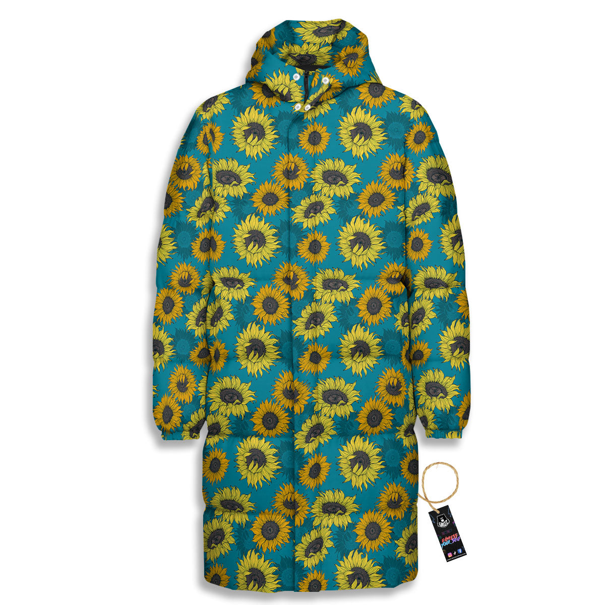 Sunflower Blue Vintage Print Pattern Long Down Jacket-grizzshop