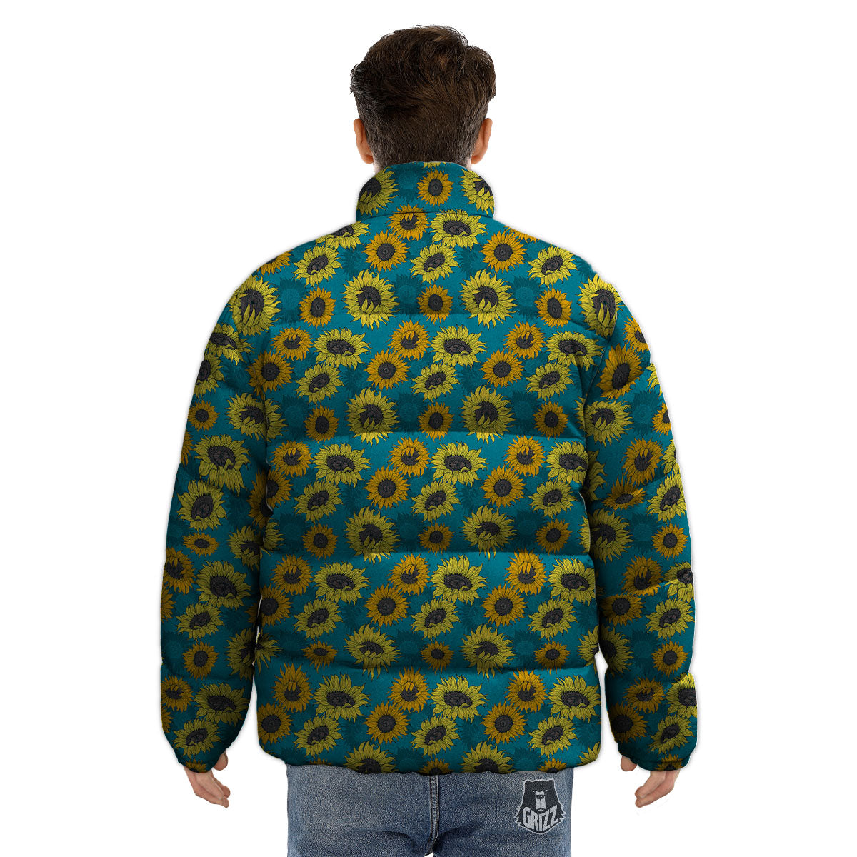 Sunflower Blue Vintage Print Pattern Puffer Jacket-grizzshop
