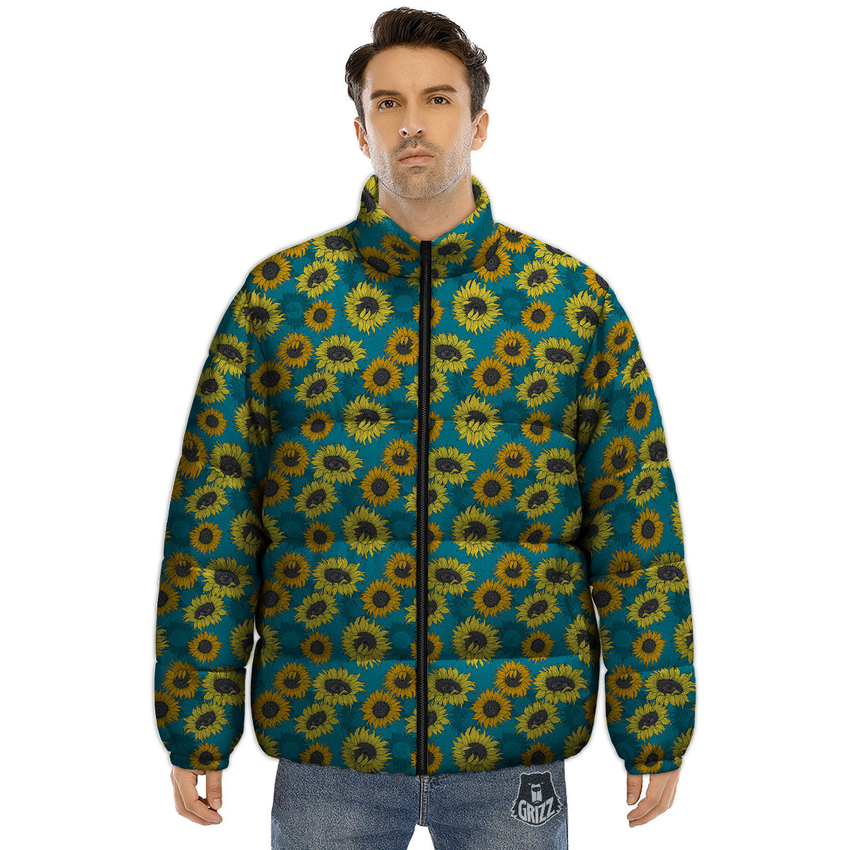 Sunflower Blue Vintage Print Pattern Puffer Jacket-grizzshop